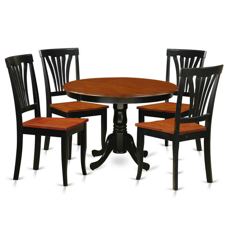 5 Piece Modern Dining Table Set Includes a Round Wooden Table with Pedestal and 4 Kitchen Dining Chairs, Black & Cherry