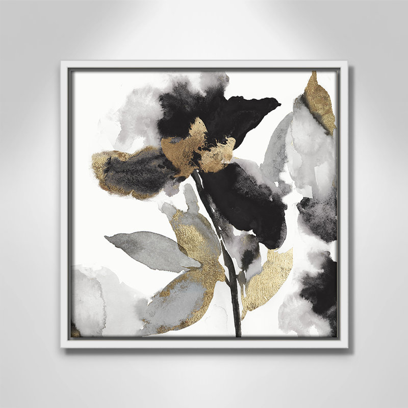 «Black Petals Black Gold Leaves II» par Asia Jensen, Blanc, H 13,5 po x l 13,5 po