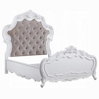 Grand lit Maver, tête de lit tapissier festonnée taupe, blanc