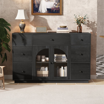 Cabinet With Storage For Living And Dining Room Entrance, Large Size, 2 Doors And 7 Drawers, Black
