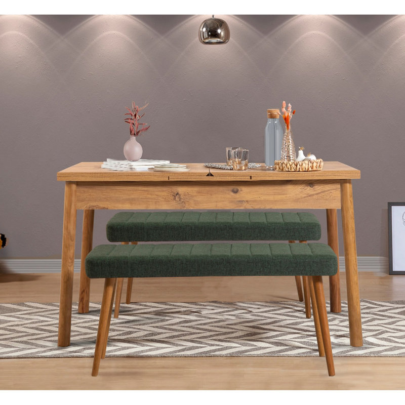 Ensemble de table de salle à manger et de banc extensible D d'effort (3 pièces), Naturel / vert foncé