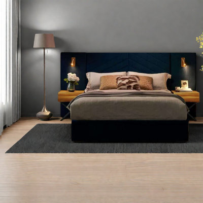 Modern Wingback Velvet Beds, Wood Slats, Retro Blue For Home