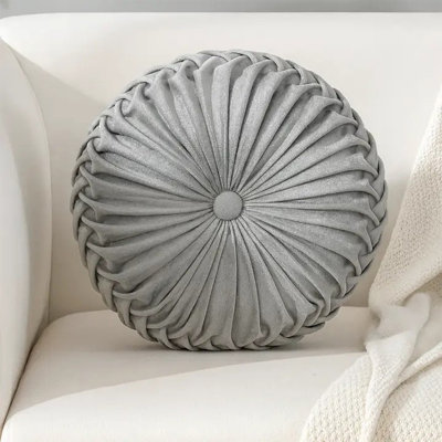 Grey Velvet Pintucked Filled Throw Pillow 15" Round