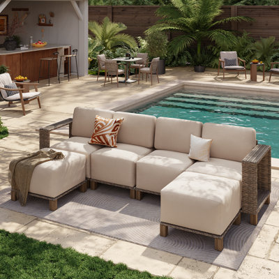 Canapé modulaire de patio 6 pièces avec coussin de 10 po et osier amélioré 6 pièces