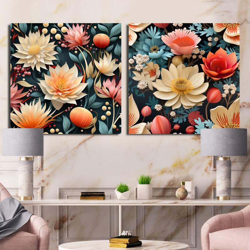 Camélia - ensemble de 2 collages floraux carrés, Toile tendue, H 16 po x l 33 po