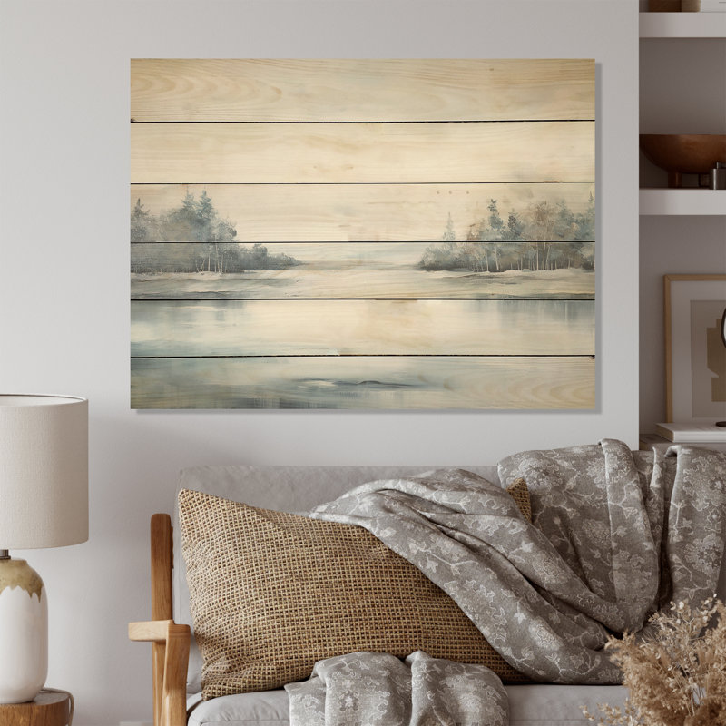Scandinavian Lake Tranquility I - Lake River, art mural sur bois de pin naturel, H 24 po x l 32 po