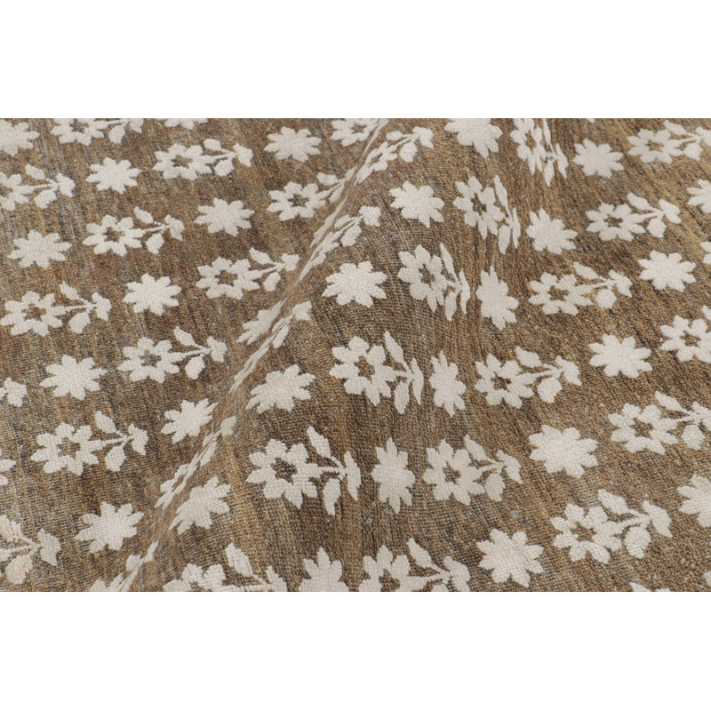 Rug & Kilim’S Modern Block Print Rug In Brown With White Floral Patterns, Rectangle 8' x 10'