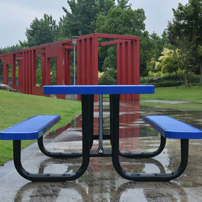 Table carrée de pique-nique d'extérieur carrée en acier de 46 po avec parasol, Bleu