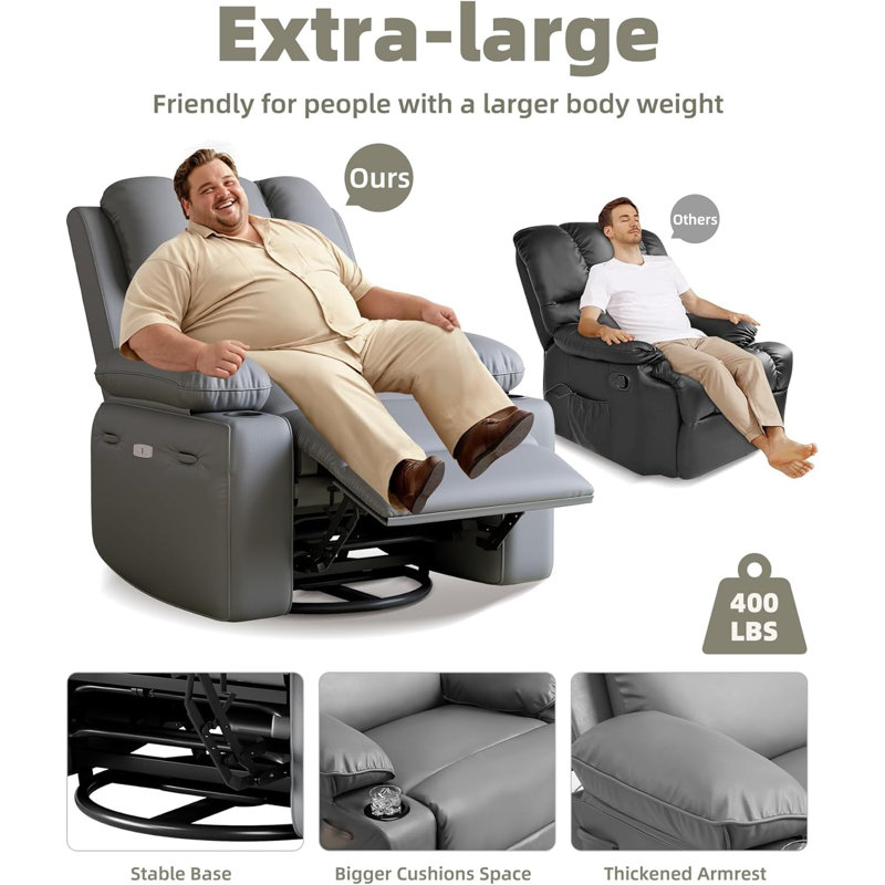 Fauteuils inclinables surdimensionnés de 37,4 po avec chaleur et massage, fauteuil inclinable manuel en cuir PU avec porte-gobelet