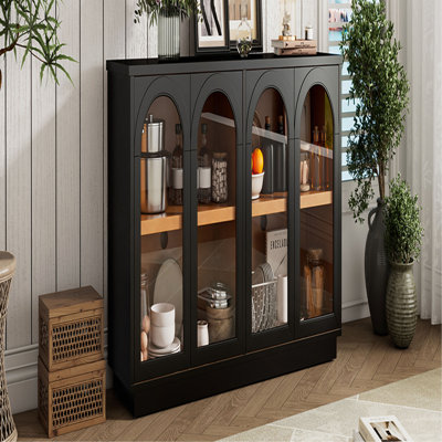 Grande armoire de rangement à 4 portes - portes en verre, conception arquée, tablettes réglables, pour la cuisine et la salle à manger