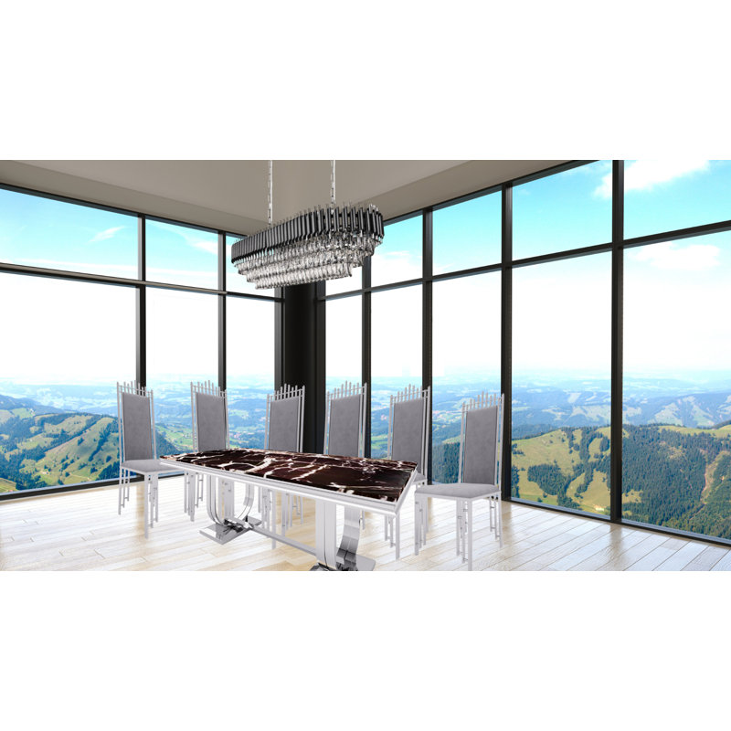 Ensemble de table de salle à manger en marbre noir de luxe avec 6 chaises de 47 po et base en acier inoxydable, Argent argent