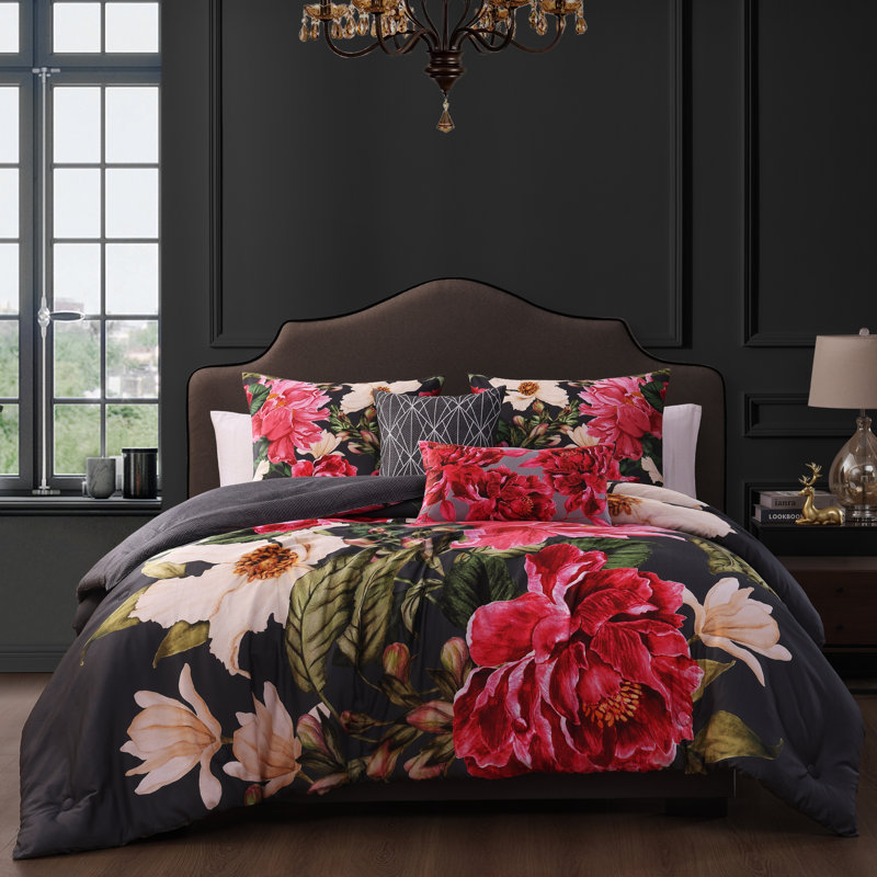 Bebejan Flower Garland 100% Cotton Sateen 5 Piece Reversible Comforter Set, King Comforter + 4 Additional Pieces