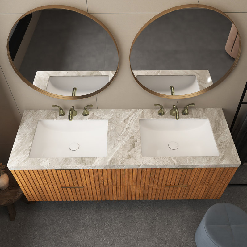 Meuble-lavabo mural 60 po avec comptoir en pierre frittée et 2 lavabos en céramique