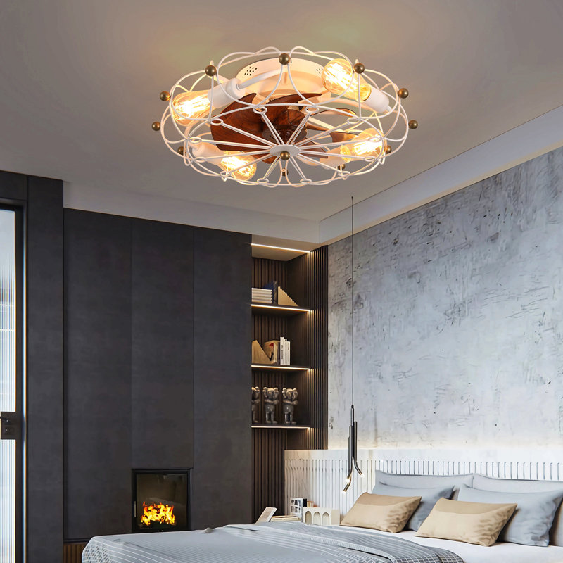 Ventilateur de plafond à profil bas avec télécommande et lumières, ventilateur de plafond industriel moderne intégré, Blanc