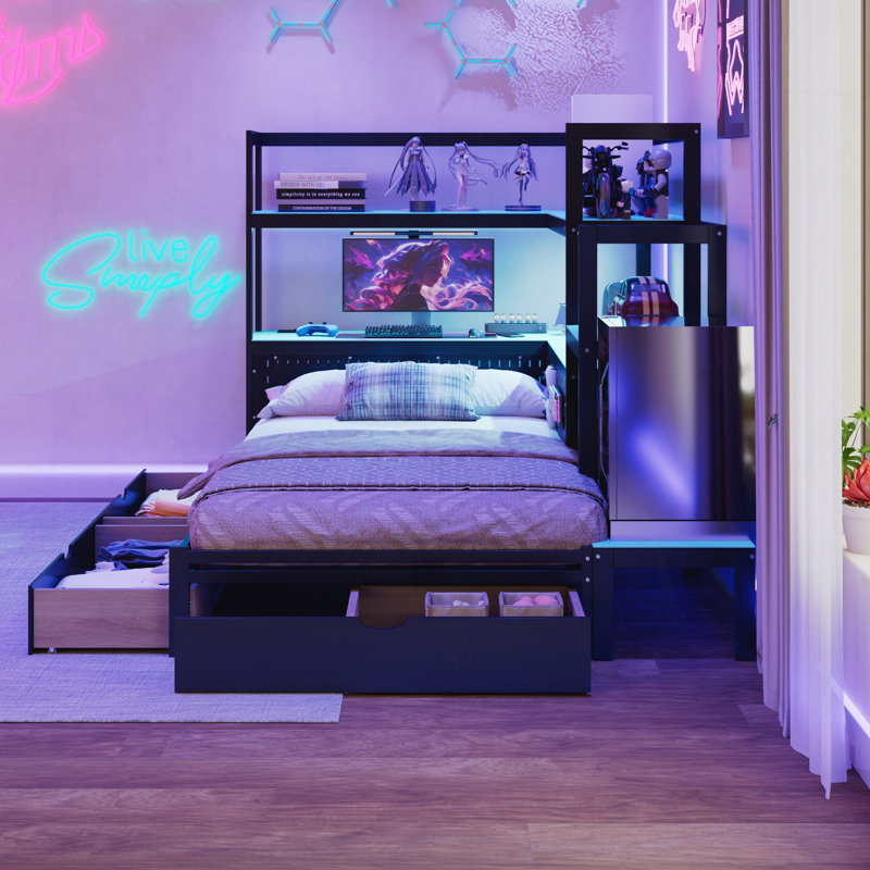 Gaming Daybed With Integrated Desk And LED Light, Modern Wooden Bed Frame With 3 Storage Drawers And Built-In Charging Station, Multi-Functional Headboard Bookcase