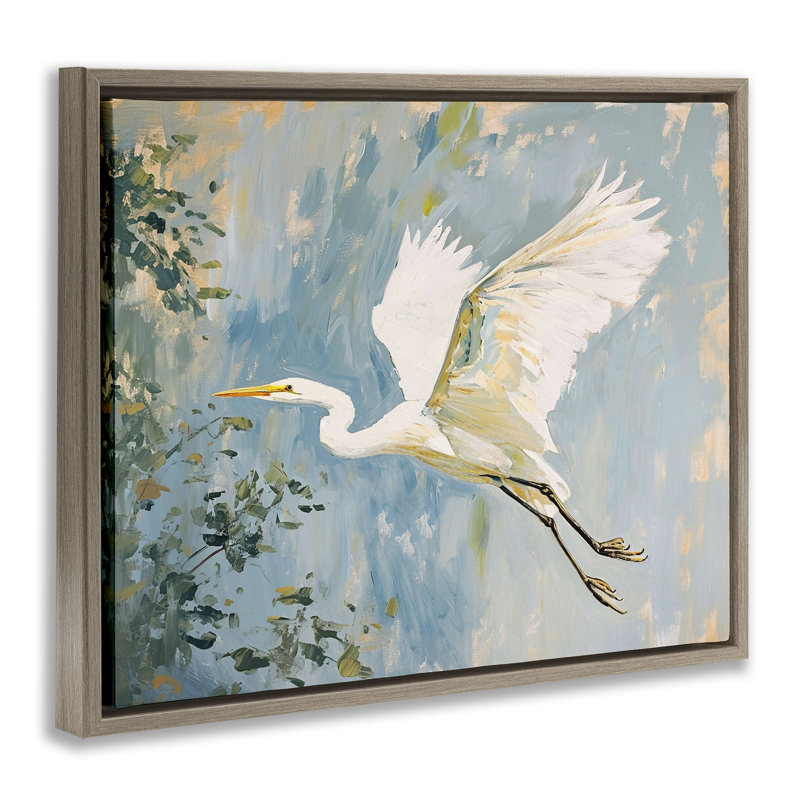 «White Heron in Flight» par Ramona Murdock, H 25 po x l 31 po, Cadre flottant orme Montalcino