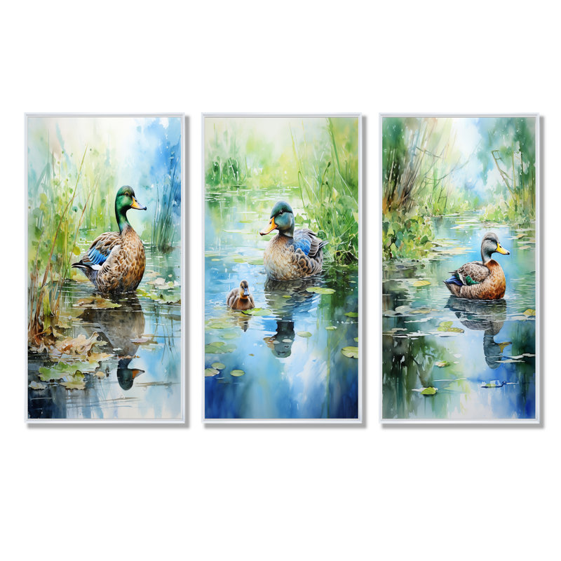 Duck Pond Reflections I - ensemble de 4 impressions sur toile Duck, H 28 po x l 36 po, Cadre flottant blanc
