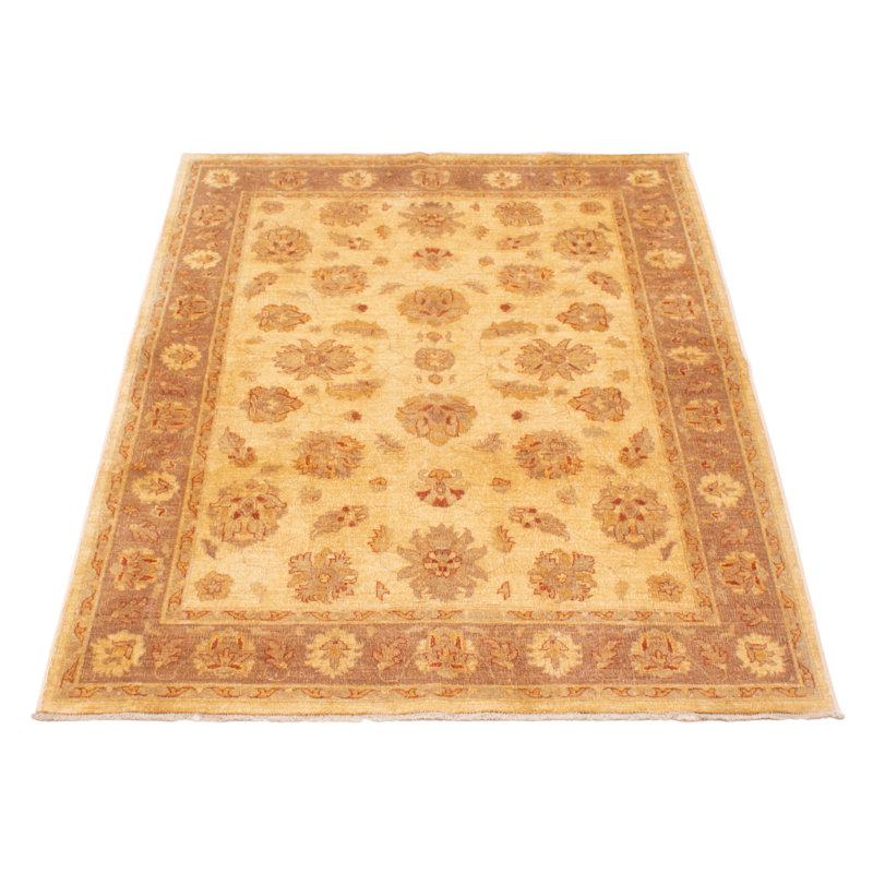 Tapis crème / brun en laine noué à la main de conception unique 5 pi 2 po x 7 pi 7 po Vesile