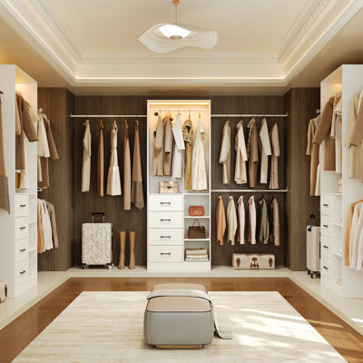 29.5”-110.7”W Closet System With Wooden Drawers & 3 Shelves,Closet Organizer System With Led Light Strip, 4 Drawers & 4 Open Compartments For Walk-In Closet