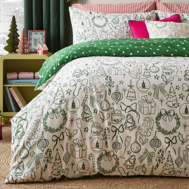 furn. Merry Christmas Reversible Duvet Cover Set, Double Duvet Cover + 2 Standard Pillowcases