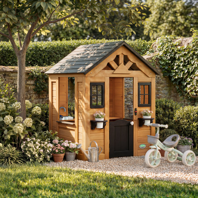 Wooden playhouse with a slide in a garden.
