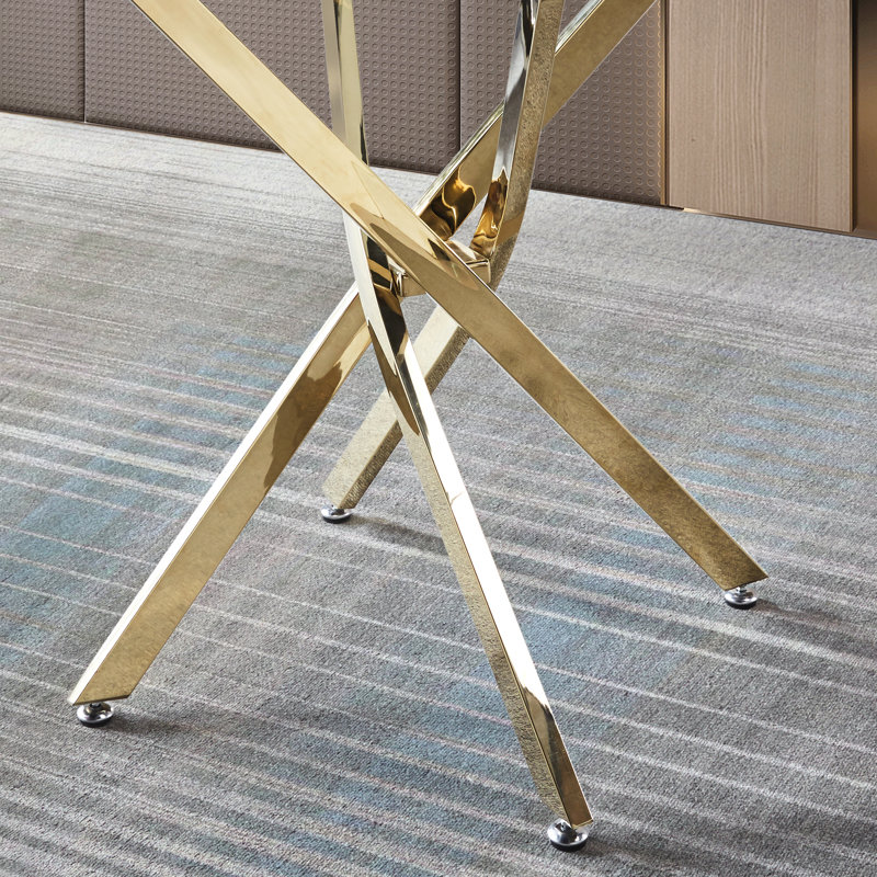Élégante table de salle à manger en verre trempé de 36 pouces avec pieds et supports dorés, Doré