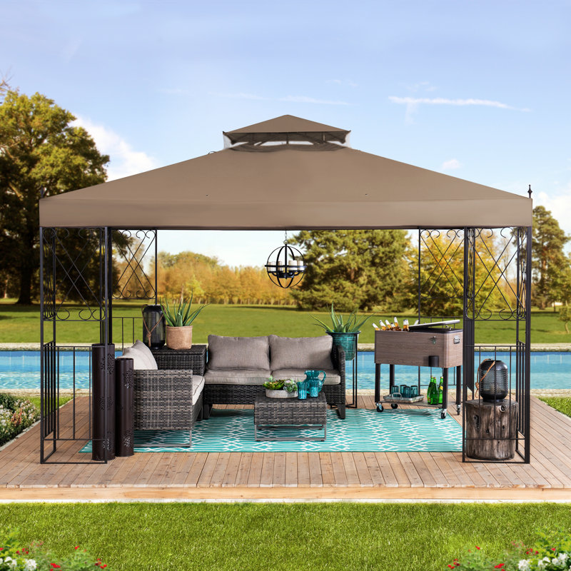 Pavillon de jardin à toit souple de 10 pi x 12 pi avec abri à 2 niveaux kaki et crochet de plafond SUNJoy Parlay