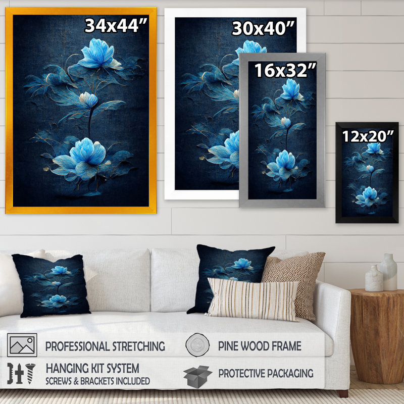 Fleurs rétro bleu clair chinois II - reproduction sur toile, Cadre photo noir, H 40 po x l 30 po x P 1,5 po