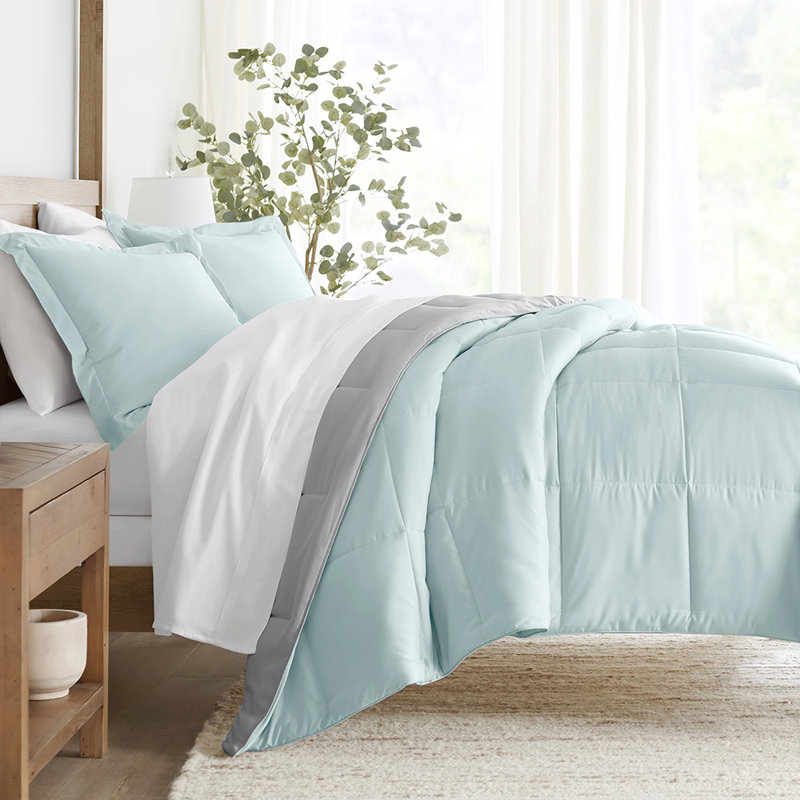 Reversible Down-Alternative Comforter Bedding Set, Aqua, King/Cal. King Comforter + 2 Shams