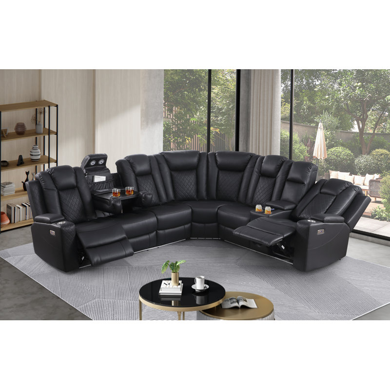 3-Piece Faux Leather Power Reclining Sectional with Bluetooth Speakers , Black Faux Leather
