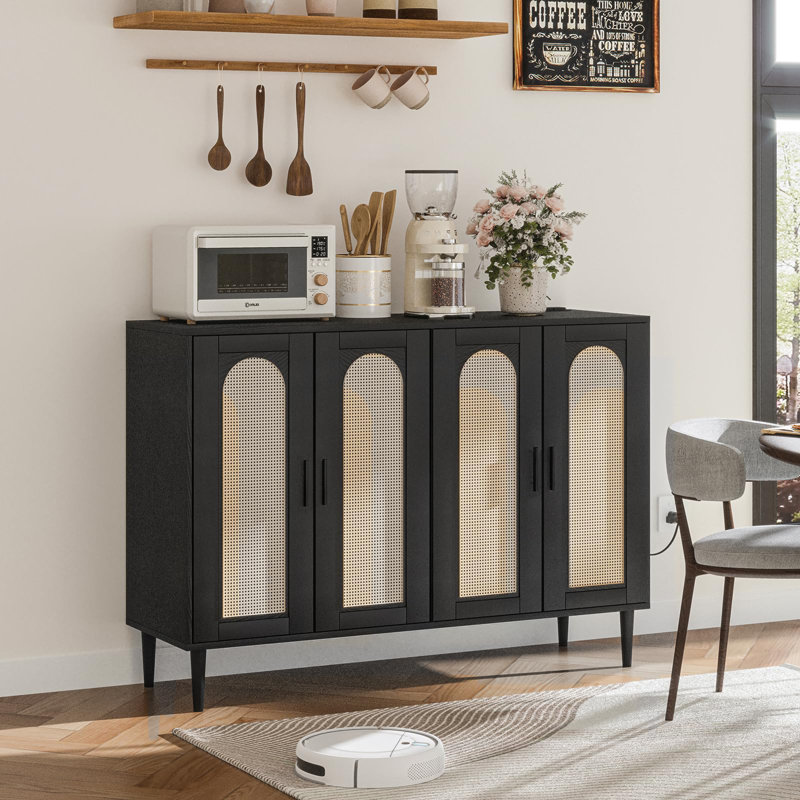 Black Rattan 4-Door Sideboard Buffet Cabinet with Power Outlet