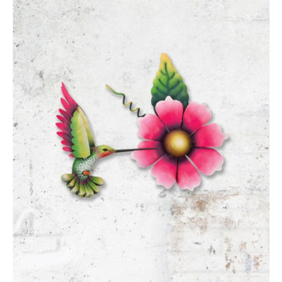 8.5 Inch Hummingbird Flower Metal Indoor Outdoor Wall Decor