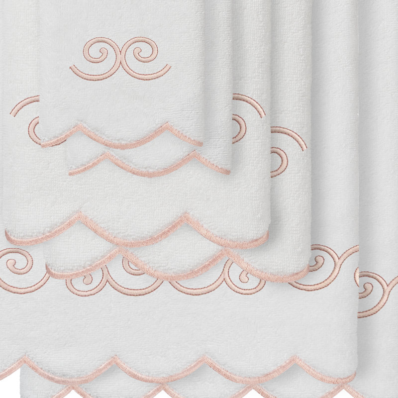  Ensemble de serviettes ornées de festons 100% coton 100% symetra, Blanc / Rose, Ensemble 6 serviettes de bain