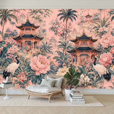 Papier peint adhésif à peler et coller d'inspiration asiatique, grues de pagodes florales, feuillage tropical, papier autocollant amovible, décoration murale pour salon, chambre à coucher H 100 po x l 144 po