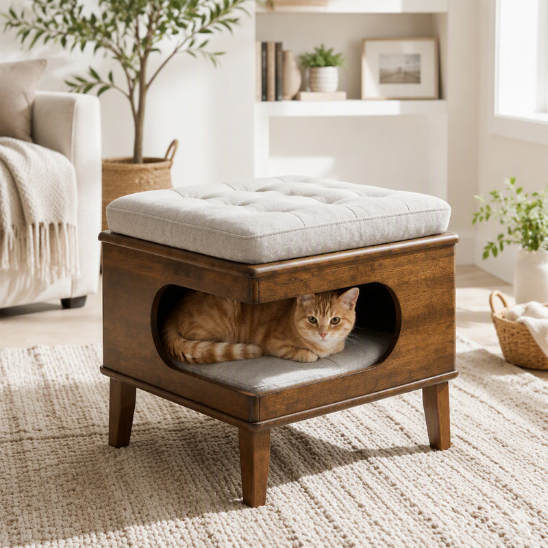 Repose-pieds en caoutchouc pour chat en bois d'hévéa, repose-pieds capitonné pour animaux 2 en 1 avec caverne pour chat, repose-pieds multifonctionnel avec cachette pour chat
