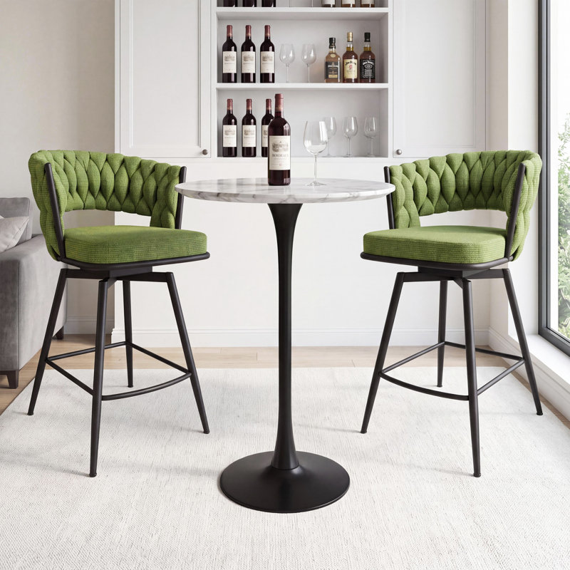 26" Linen Woven Swivel Bar Stools With Back And Footrest,set Of 2 Upholstered Bar Chair Counter Stool Arm Chairs, Green