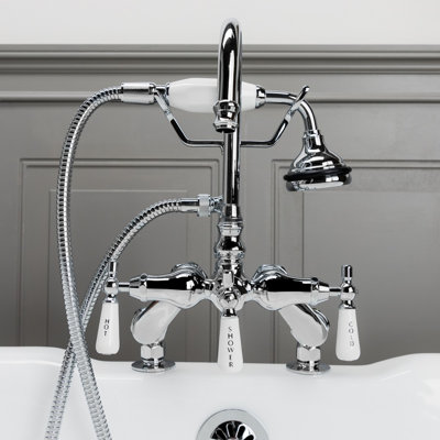 Robinet pour baignoire sur pattes trois poignées avec robinet de déviation et douchette