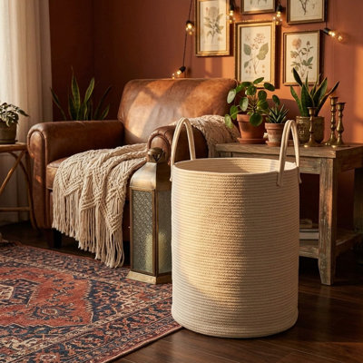 60L Woven Cotton Rope Laundry Basket, Decorative Tall Storage Bin for Nursery Living Room Bedroom