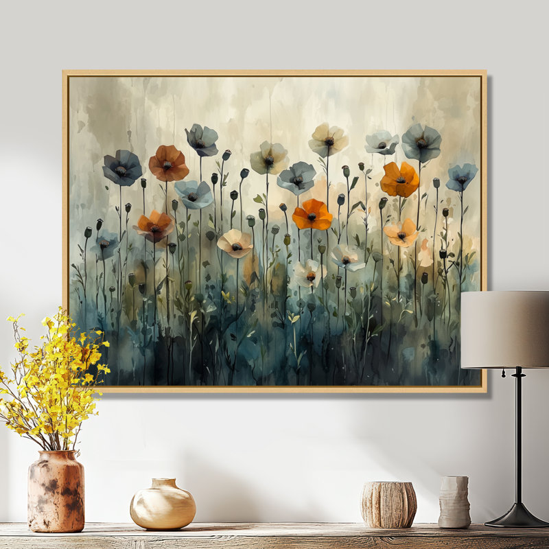Hiver, minimalisme, coquelicots, champ III - coquelicots, art mural, H 34 po x l 44 po, Cadre crème crème