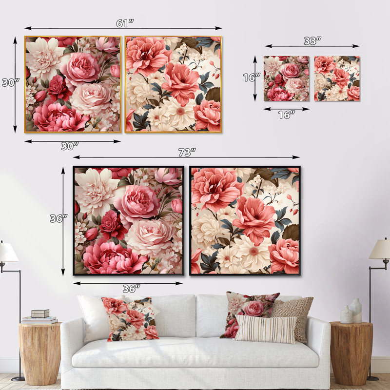 Eastham - Ensemble de 2 collages carrés floraux, Cadre flottant doré, H 30 po x l 61 po