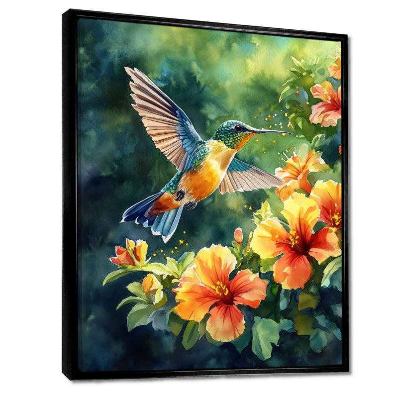 Hibiscus, art mural colibri, Dicleville, H 32 po x l 24 po, Cadre flottant noir