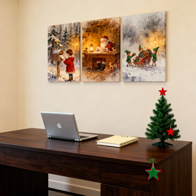 Tableau sur toile tendue représentant une scène de Noël avec un enfant, le père Noël et des lutins (lot de 3)