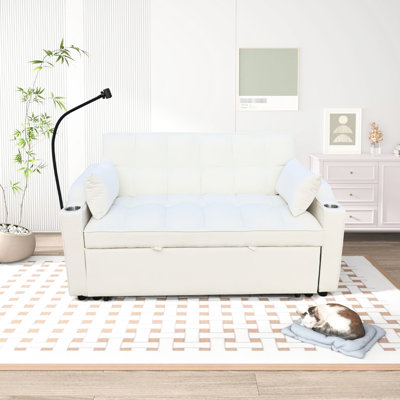 Canapé en velours beige avec lit gigogne, canapé-lit convertible 3 en 1, inclinable réglable pour s'asseoir, s'allonger et dormir, velours de haute qualité, facile à nettoyer, livré avec 2 coussins moelleux, téléphone à recharger