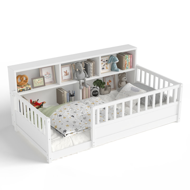 A Twin-Sized Wooden Floor Bed With A Fence-Style Guardrail, Side Storage Decorative Function, And The Color Is White, Twin