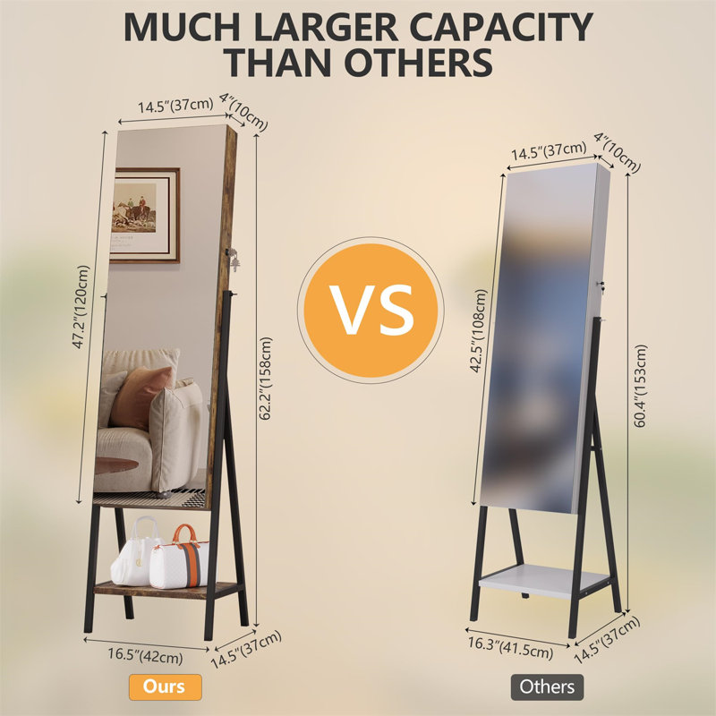 Armoire à bijoux moderne avec miroir à DEL - grande capacité de rangement et maquillage pratique, Brun