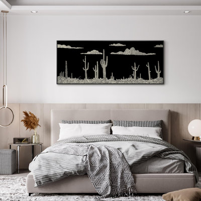 Très grande reproduction d'art sur toile - Cactus du désert, paysage, cactus et nuages, illustrations, décoration pour le salon ou la chambre à coucher