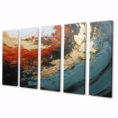 «Orange and Gold Marble Lava I», peinture abstraite, 5 pièces