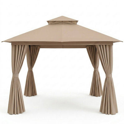 Gazebo de terrasse Yardgrace 3 m x 3 m avec toit souple, auvent à 2 niveaux, moustiquaire et rideaux d'intimité, marron