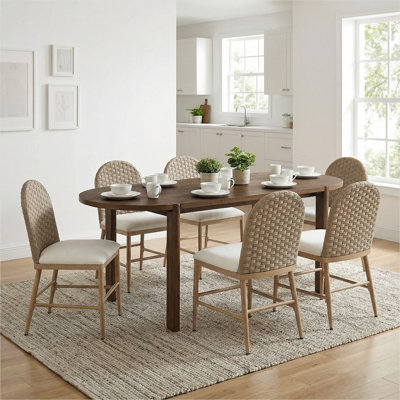 Ensemble de salle à manger ovale 7 pièces avec 6 chaises, table en bois massif brun pour 6 à 8 personnes, style maison de campagne