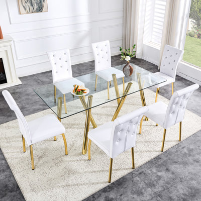 Table de salle à manger en verre trempé de 71 pouces soutenue par des tiges en métal solides: sûres et transparentes. Facile à entretenir, il présente une apparence luxueuse. Ensemble de coin stable A avec ensemble de pieds: